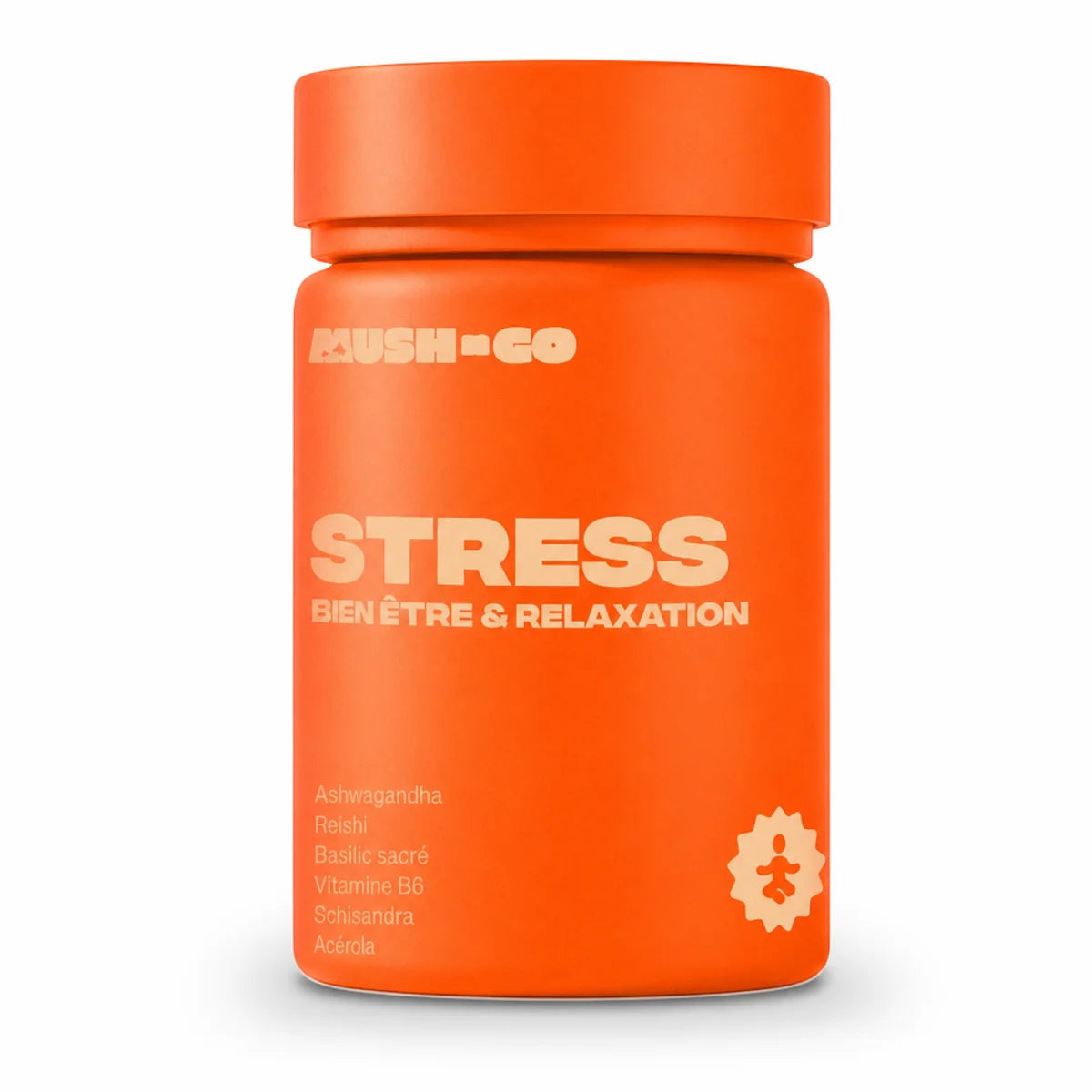 Pot de complément Mush n Go orange avec Ashwaganda, Reishi, Rhodiole pour anti-stress et bien-être