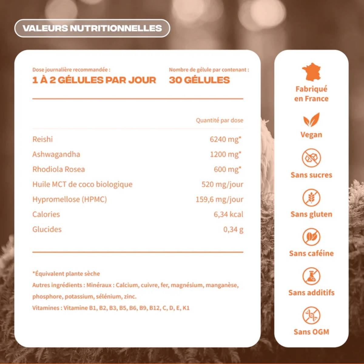 Les valeurs nutritionnelles du Pot MUSH Anti-Stress Ashwaganda Reishi Rhodiole complément alimentaire naturel gestion stress humeur