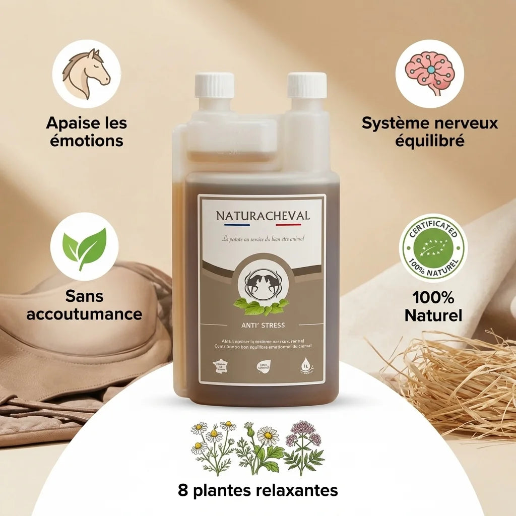 Anti'stress Cheval Naturacheval 1L avec infographie bénéfices relaxation équine naturelle