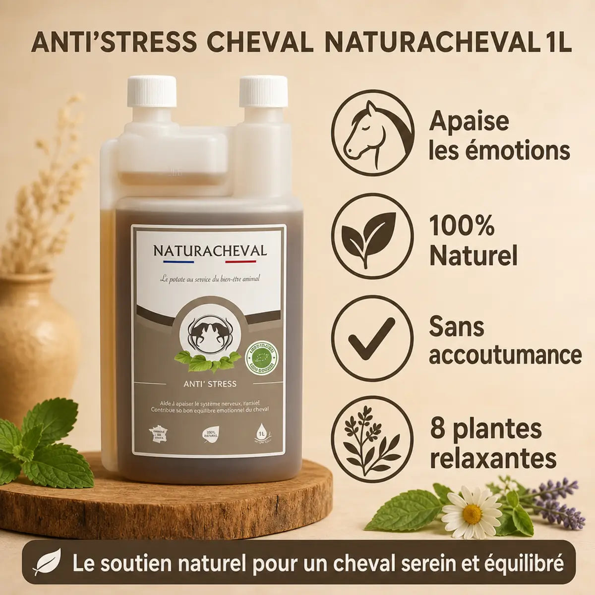 Anti'stress Cheval Naturachavel 1L - Flacon avec bénéfices : apaise émotions, 100% naturel, sans accoutumance, 8 plantes relaxantes