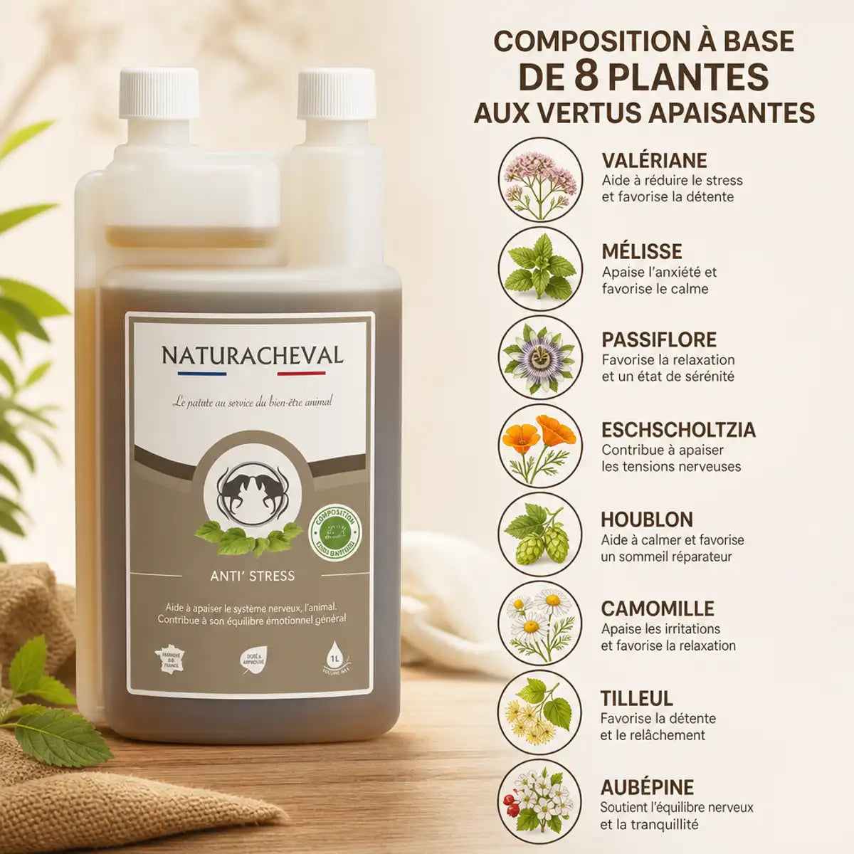 Anti'stress Cheval Naturacheval 1L - Complément calmant avec 8 plantes apaisantes pour chevaux