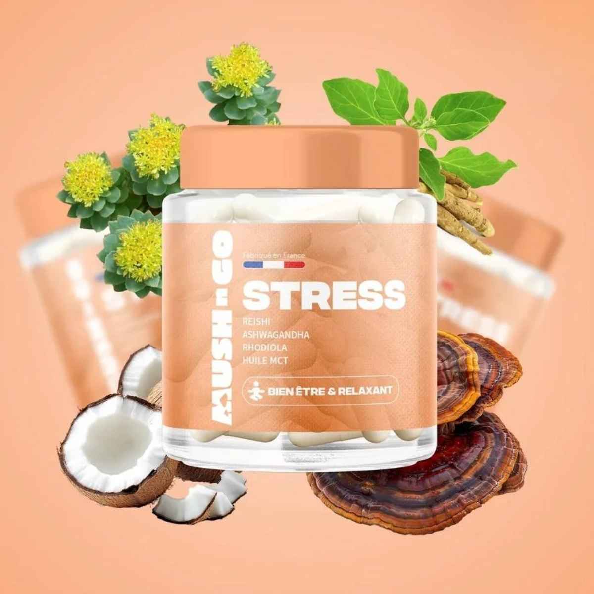Pot MUSH Anti-Stress Ashwaganda Reishi Rhodiole complément alimentaire naturel gestion stress humeur sur fond orange.