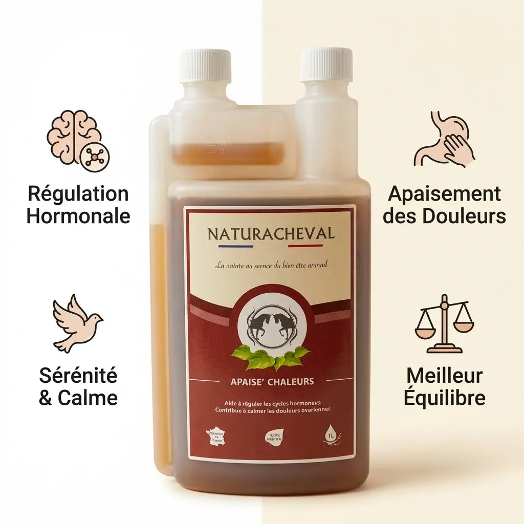 Apaise'Chaleur Cheval Naturachavel 1L avec bénéfices : régulation hormonale, apaisement douleurs et sérénité