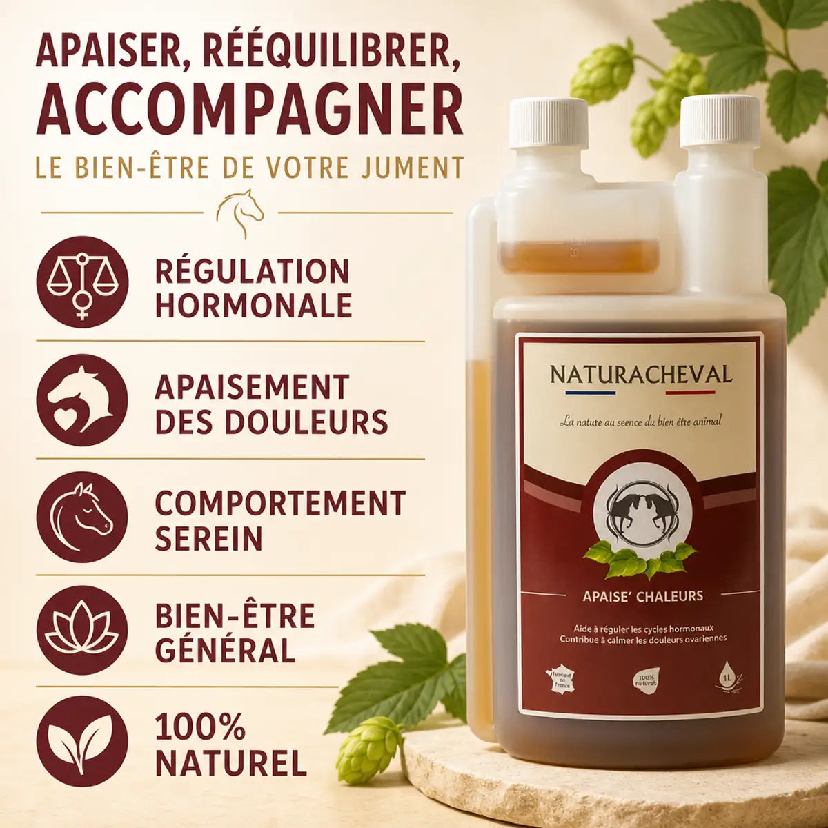 Apaise'Chaleur Cheval Naturacheval 1L avec infographie des bénéfices naturels pour juments
