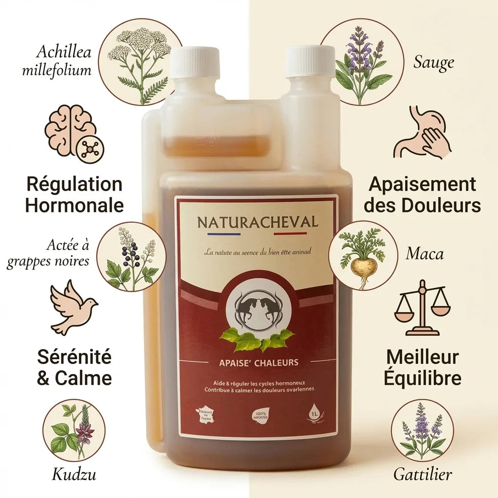 Apaise'Chaleur Cheval 1L avec ingrédients naturels pour régulation hormonale et apaisement équin