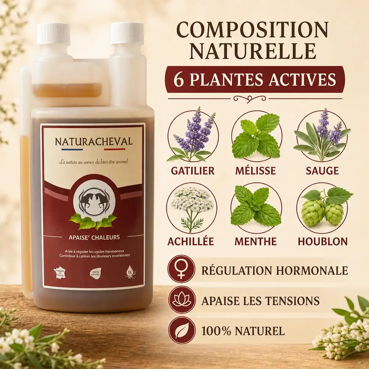 Apaise'Chaleur Cheval Naturachavel 1L avec 6 plantes actives pour régulation hormonale