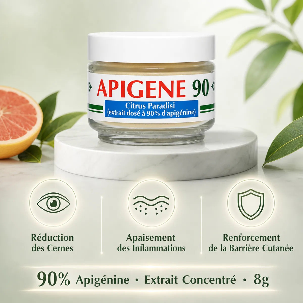 Apigene 90 extrait apigénine 90% Jade Recherche avec bénéfices peau réduction cernes inflammations barrière cutanée