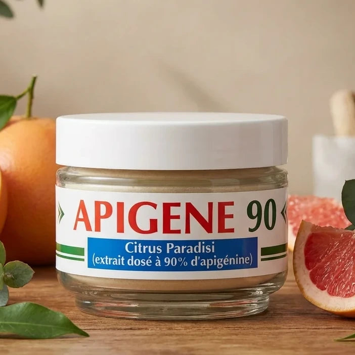 Apigene 90 extrait apigénine 90% Jade Recherche flacon blanc fond wellness naturel