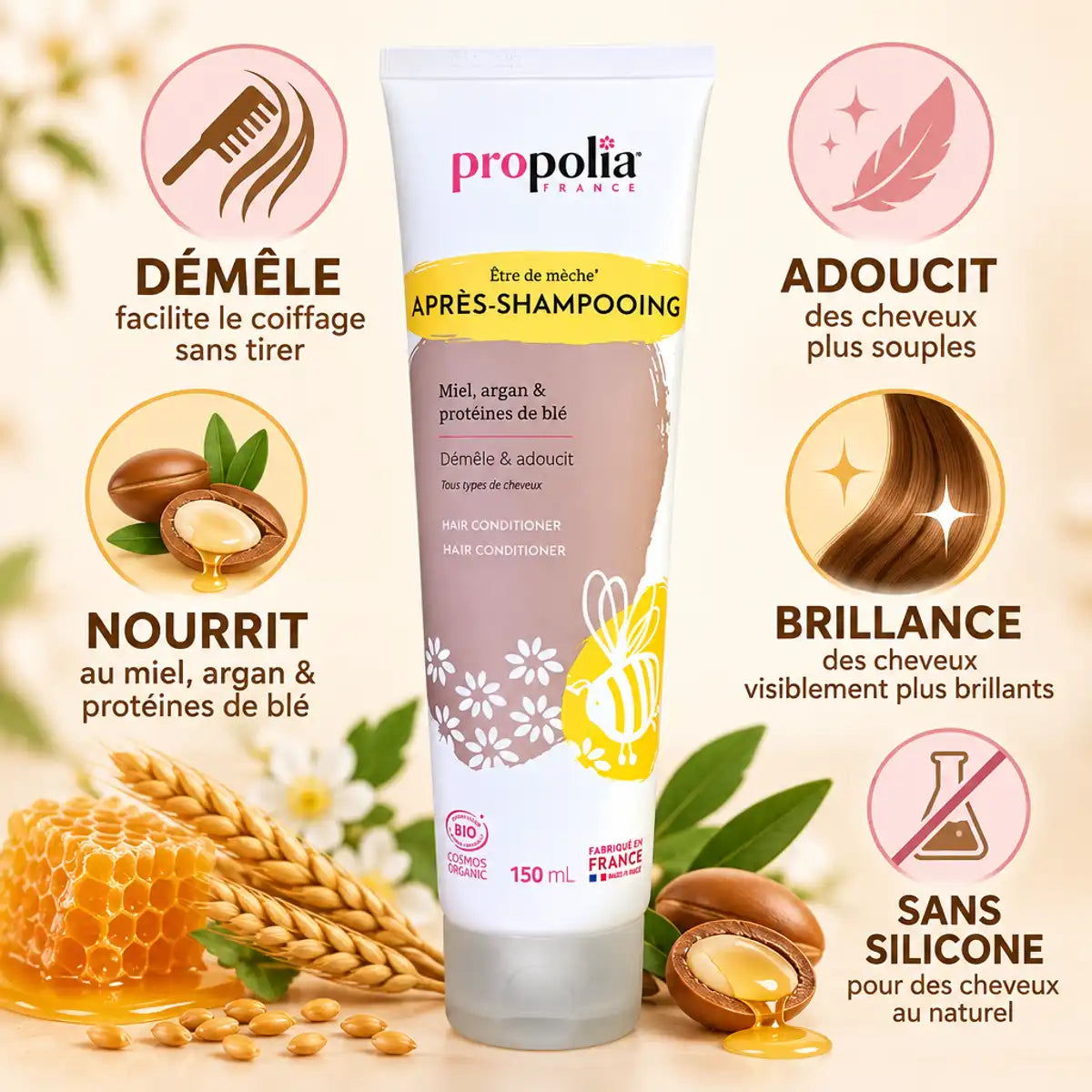 Après-shampoing bio Propolia Miel Argan avec bénéfices démêlant, nourrissant et brillance