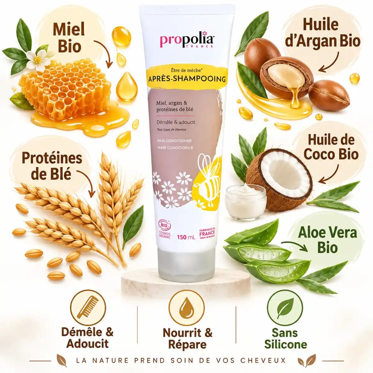 Après-shampoing bio Propolia Miel Argan Protéines Blé 150ml avec ingrédients naturels