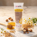 Après-shampoing bio Propolia 150ml miel argan blé sur marbre avec ingrédients naturels