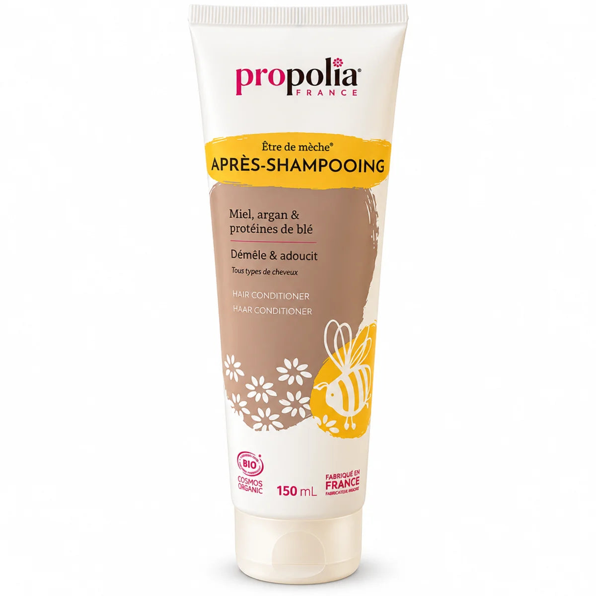 Après-shampoing bio Propolia 150ml Miel Argan Protéines de Blé tube blanc et doré
