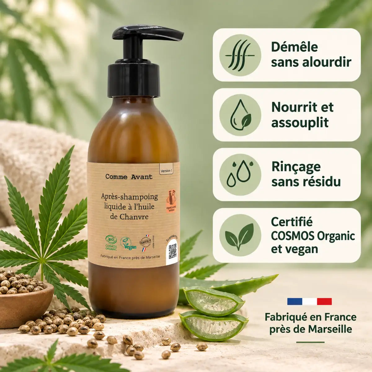 Après-shampoing Comme Avant à l'huile de chanvre en flacon ambré, entouré de feuilles de chanvre et d'aloe vera, avec les bénéfices clés affichés en français.