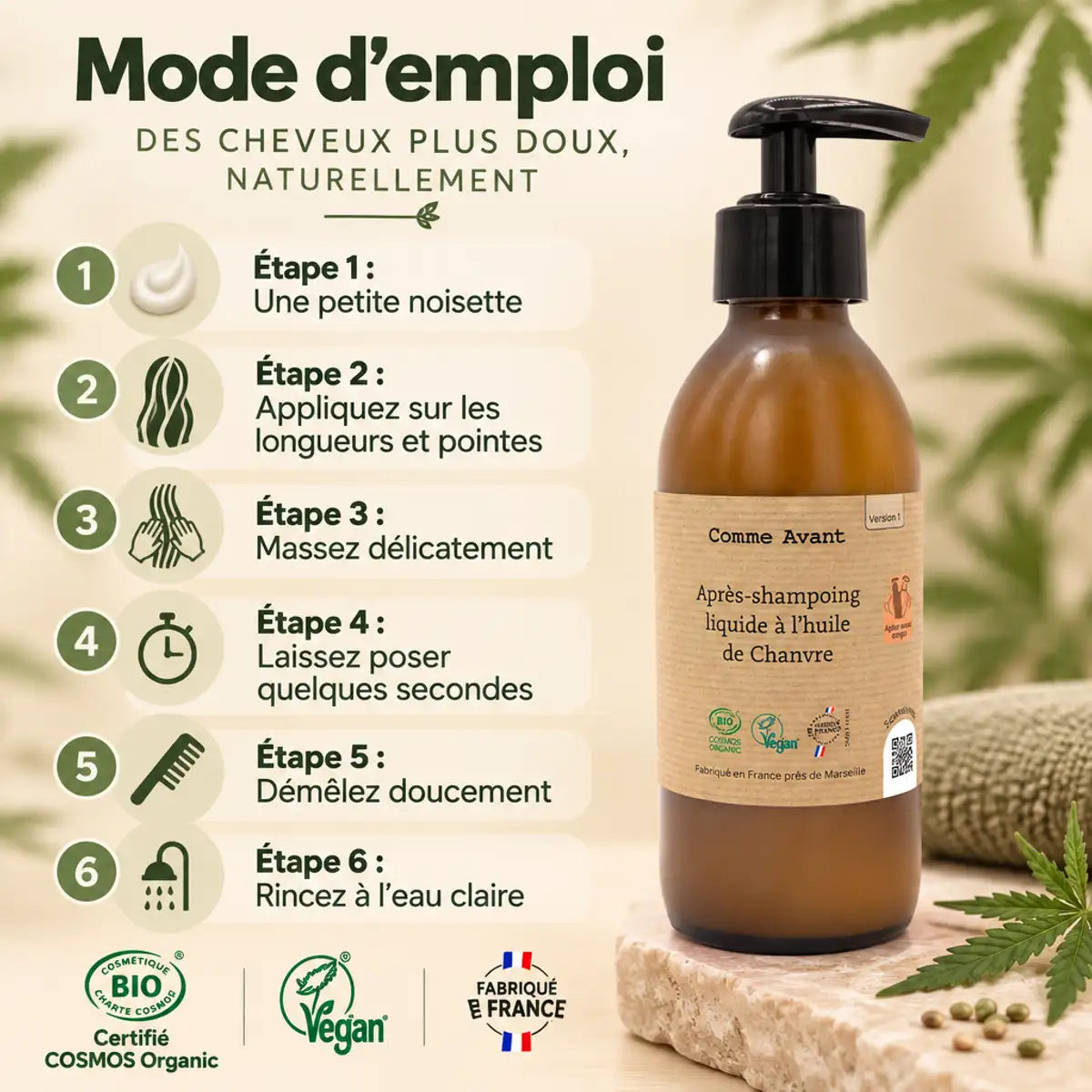 Après-shampoing à l'huile de chanvre Comme Avant 200 ml, flacon ambré et mode d'emploi en 6 étapes