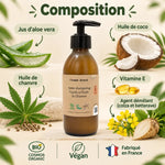 Après-shampoing liquide Comme Avant à l'huile de chanvre, flacon ambré 200 ml, avec infographie sur sa composition naturelle et certifiée COSMOS Organic