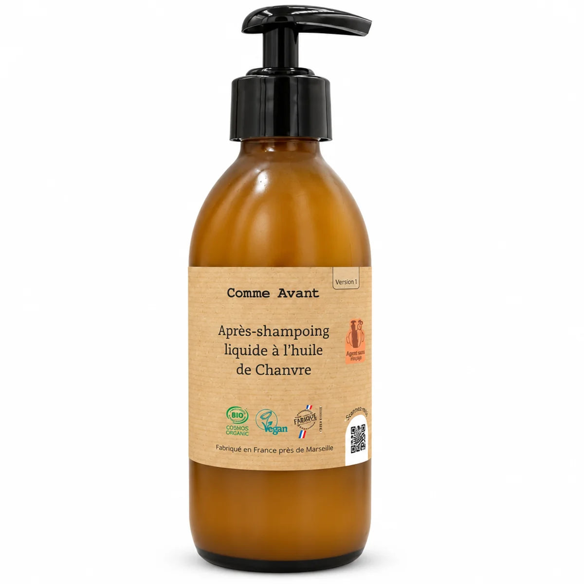 Après-shampoing liquide à l'huile de chanvre Comme Avant 200 ml, flacon en verre ambré avec pompe noire, fond blanc