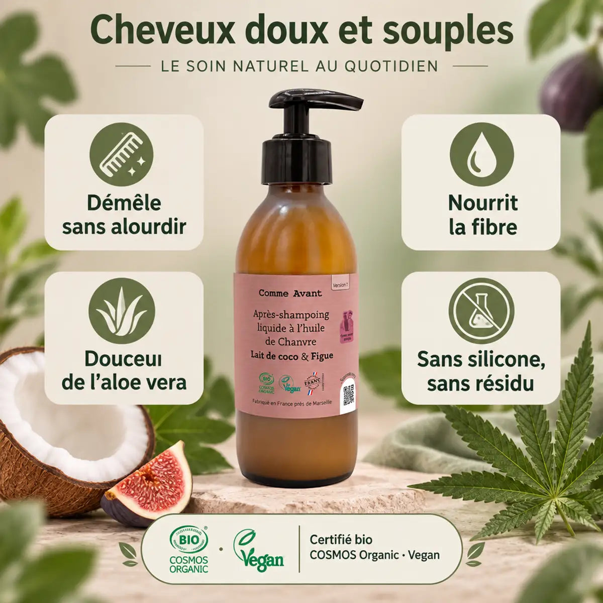 Après-shampoing Comme Avant à l'huile de chanvre, lait de coco et figue, 200 ml, flacon ambré aux textures naturelles
