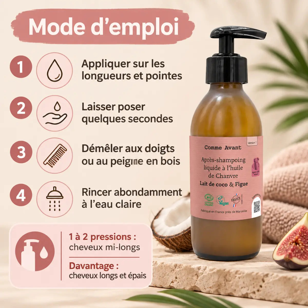 Après-shampoing liquide Comme Avant à l'huile de chanvre, lait de coco et figue, 200 ml, avec mode d'emploi en 4 étapes