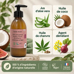 Infographie produit de l'après-shampoing Comme Avant à l'huile de chanvre, lait de coco et figue, avec ingrédients naturels illustrés : aloe vera, coco, chanvre.