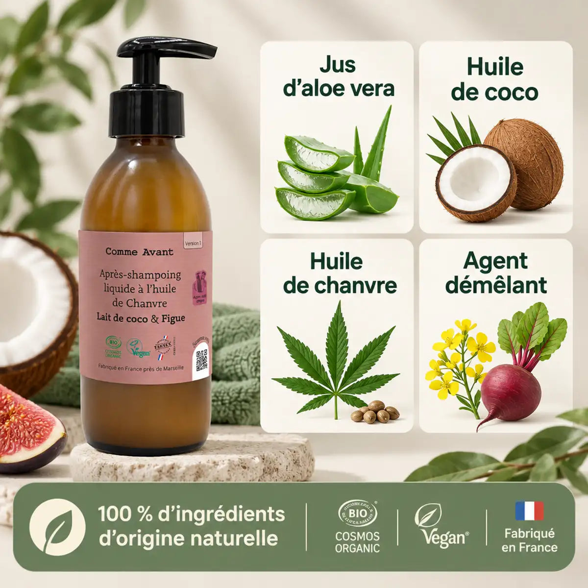 Infographie produit de l'après-shampoing Comme Avant à l'huile de chanvre, lait de coco et figue, avec ingrédients naturels illustrés : aloe vera, coco, chanvre.