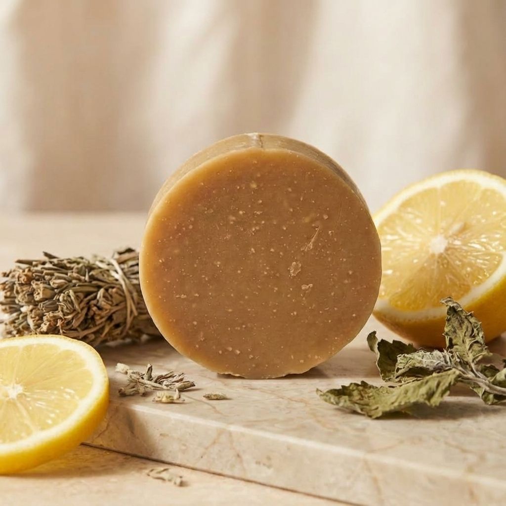 Après shampoing solide lait de chèvre citron patchouli Antheya avec citron et herbes