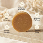 Après-shampoing solide Antheya lait chèvre citron patchouli 90g avec icônes bénéfices brillance nutrition