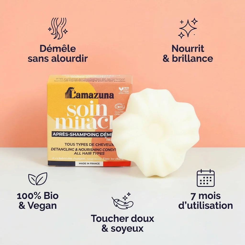 Après-shampoing solide Lamazuna jaune démêlant avec infographie benefits bio vegan