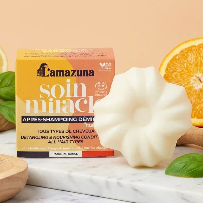 Après-shampoing solide Lamazuna Soin Miracle démêlant avec agrumes et feuilles de basilic
