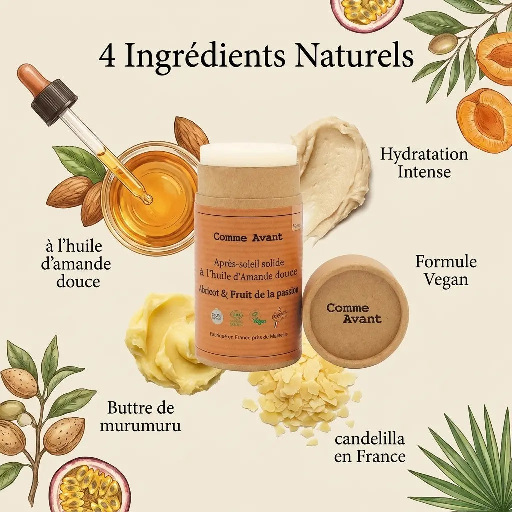 Après-soleil à l'huile d'amande douce Comme Avant, stick 70g avec ingrédients naturels et formule vegan