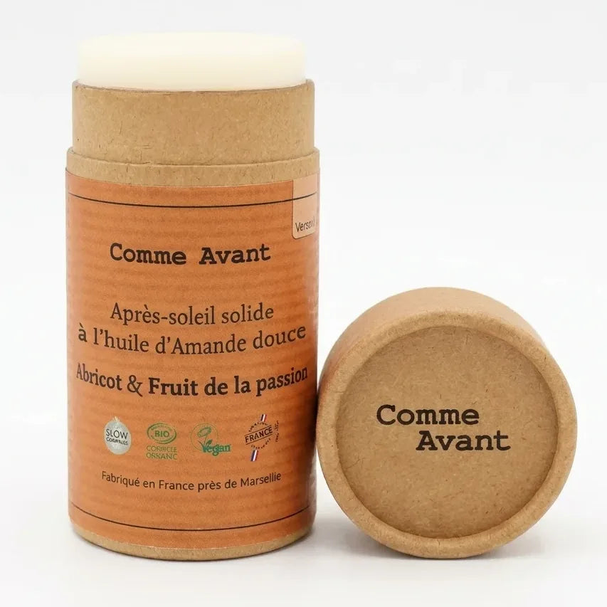 Après-soleil solide Comme Avant 70g abricot passion fruit, tube liège avec étiquette orange