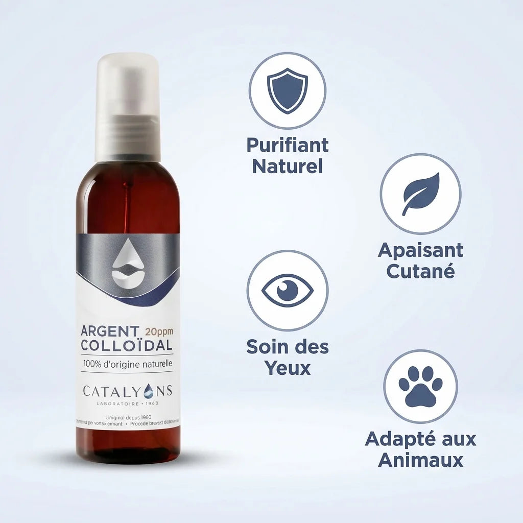 Argent colloïdal 20 ppm Catalyons spray 150 ml avec bénéfices naturels purifiant apaisant yeux animaux