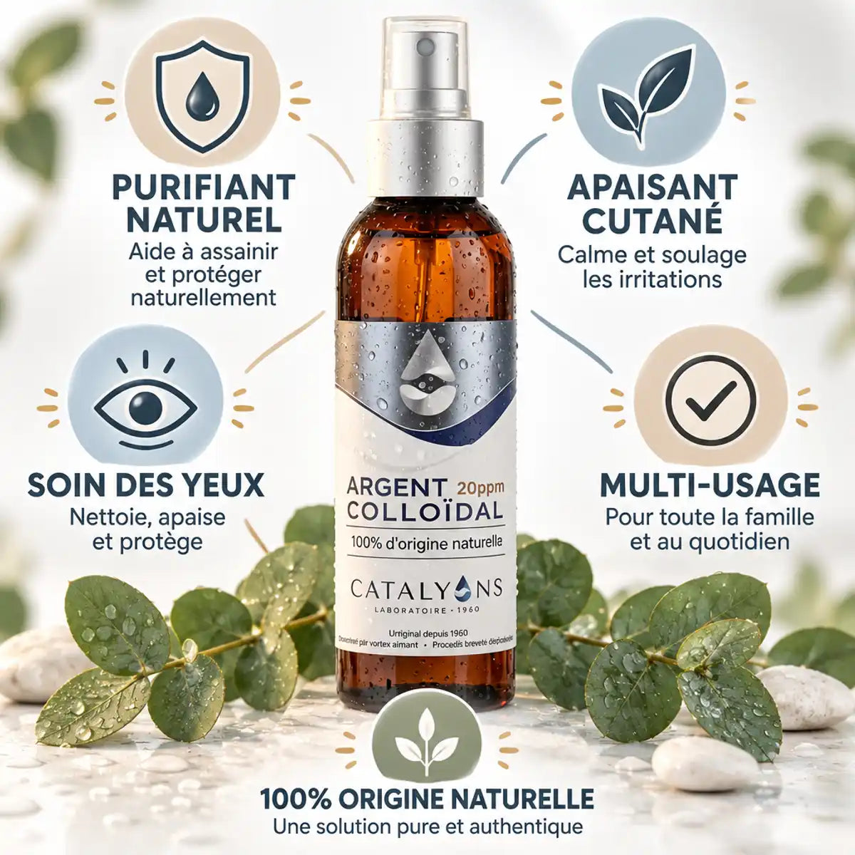 Catalyons argent colloïdal 20ppm spray 150ml avec bénéfices naturels purifiant apaisant