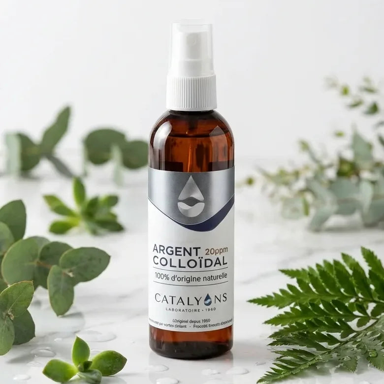 Argent colloïdal Catalyons 20ppm en vaporisateur 150ml avec plantes vertes