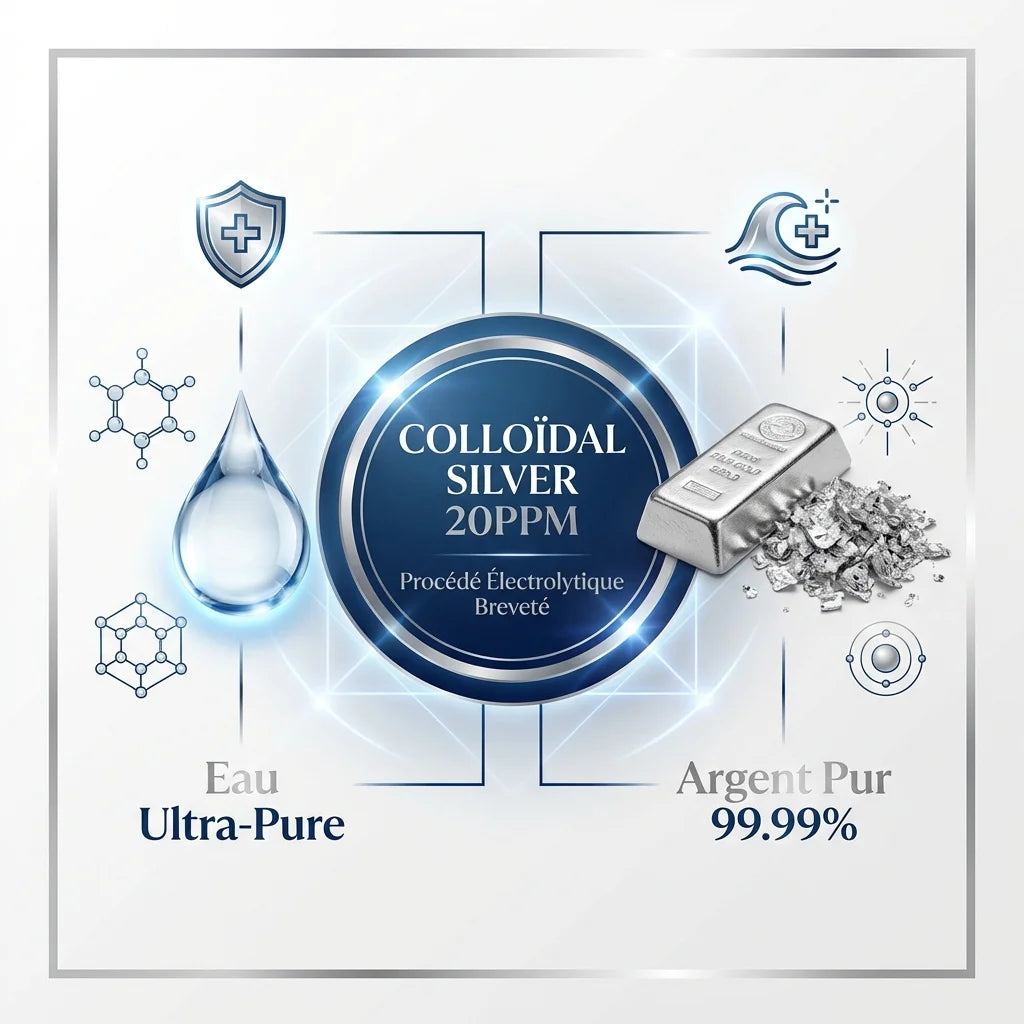 Composition infographie argent colloïdal 20ppm Catalyons avec eau ultra-pure et argent pur 99.99%