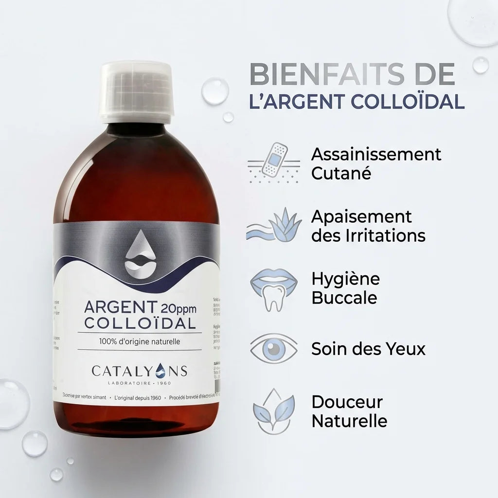 Argent Colloïdal 20ppm Catalyons 500ml - Bouteille avec infographie des bénéfices santé