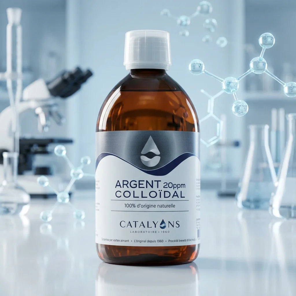 Flacon Argent Colloïdal 20ppm Catalyons 500ml en verre ambré avec étiquette argentée