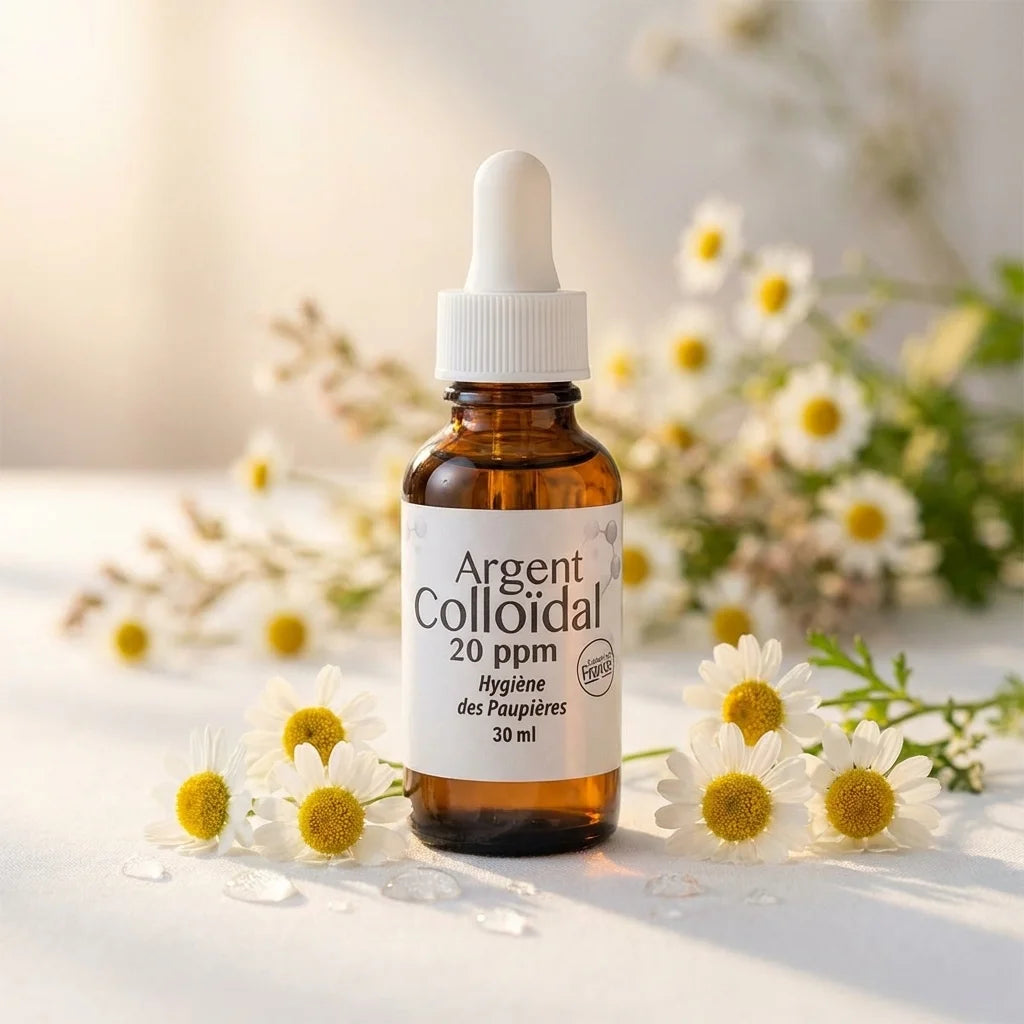 Argent Colloïdal 20ppm Dr. Theiss flacon hygiène oculaire avec fleurs de camomille