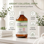 Argent Colloïdal 20ppm Dr Theiss 500ml flacon avec infographie bienfaits peau