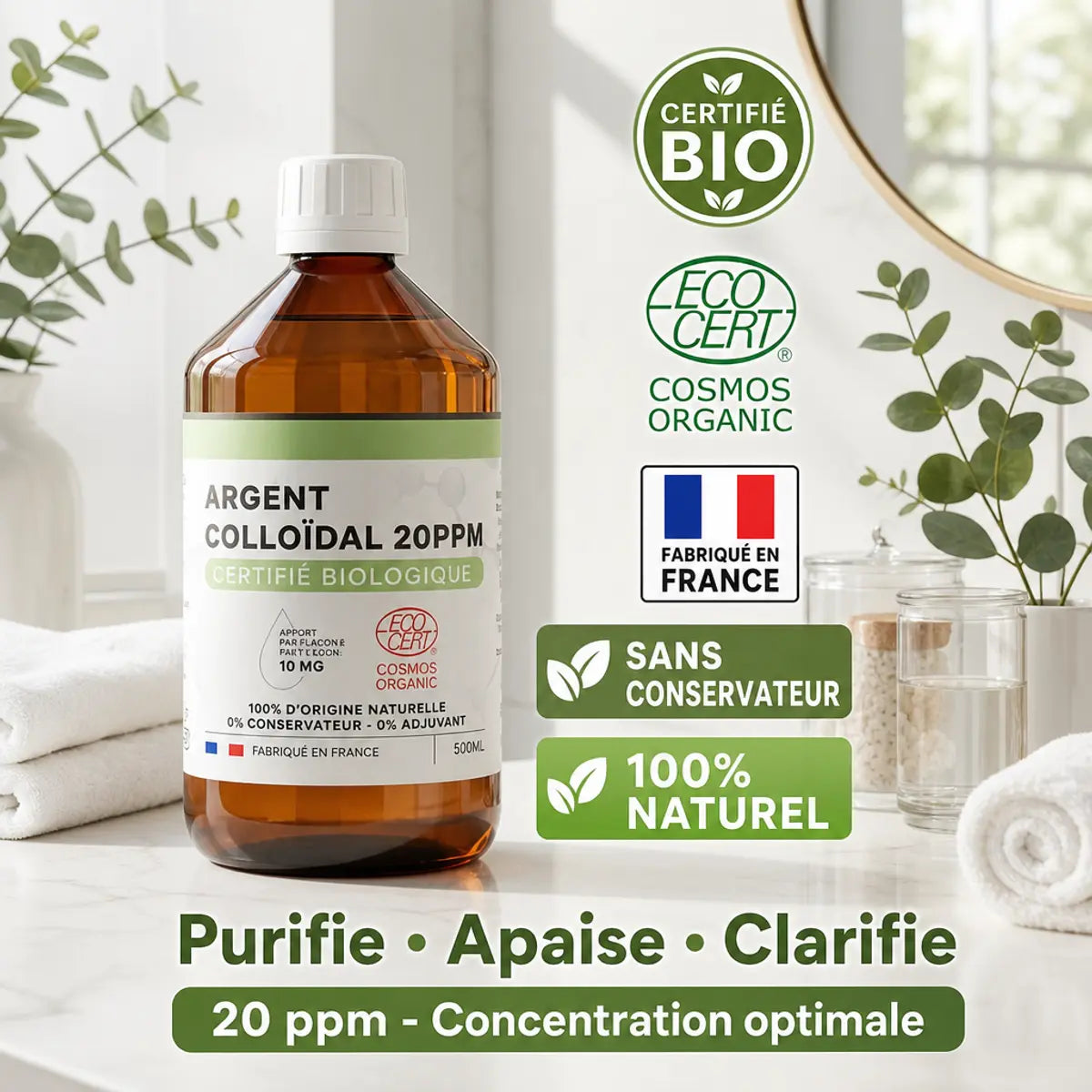 Argent Colloïdal bio 20 ppm Dr Theiss 500ml certifié avec badges naturel et français