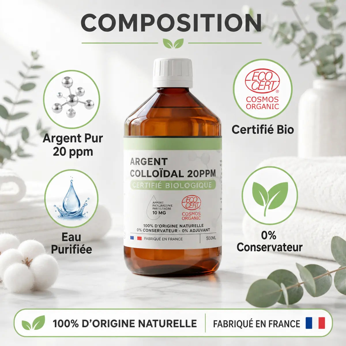 Argent Colloïdal bio 20 ppm Dr Theiss 500ml composition pure eau purifiée certifié bio