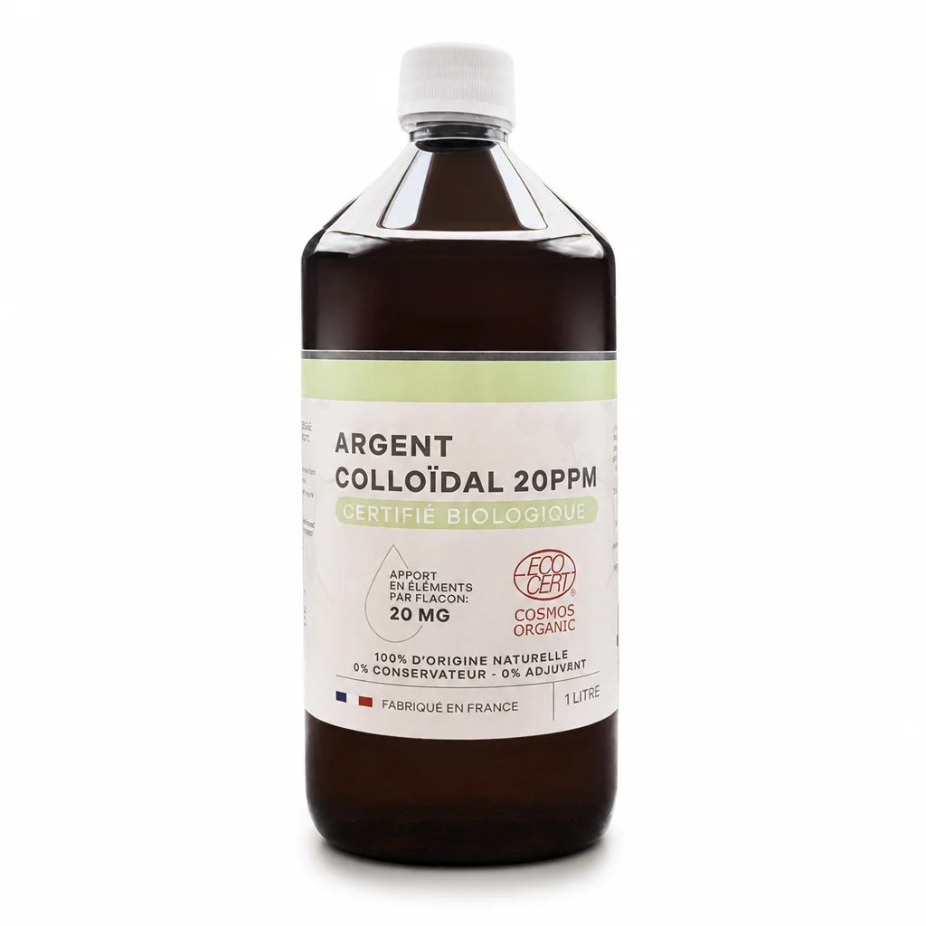 Bouteille d'argent colloïdal bio 20 ppm 1L Dr Theiss avec label Cosmos Organic