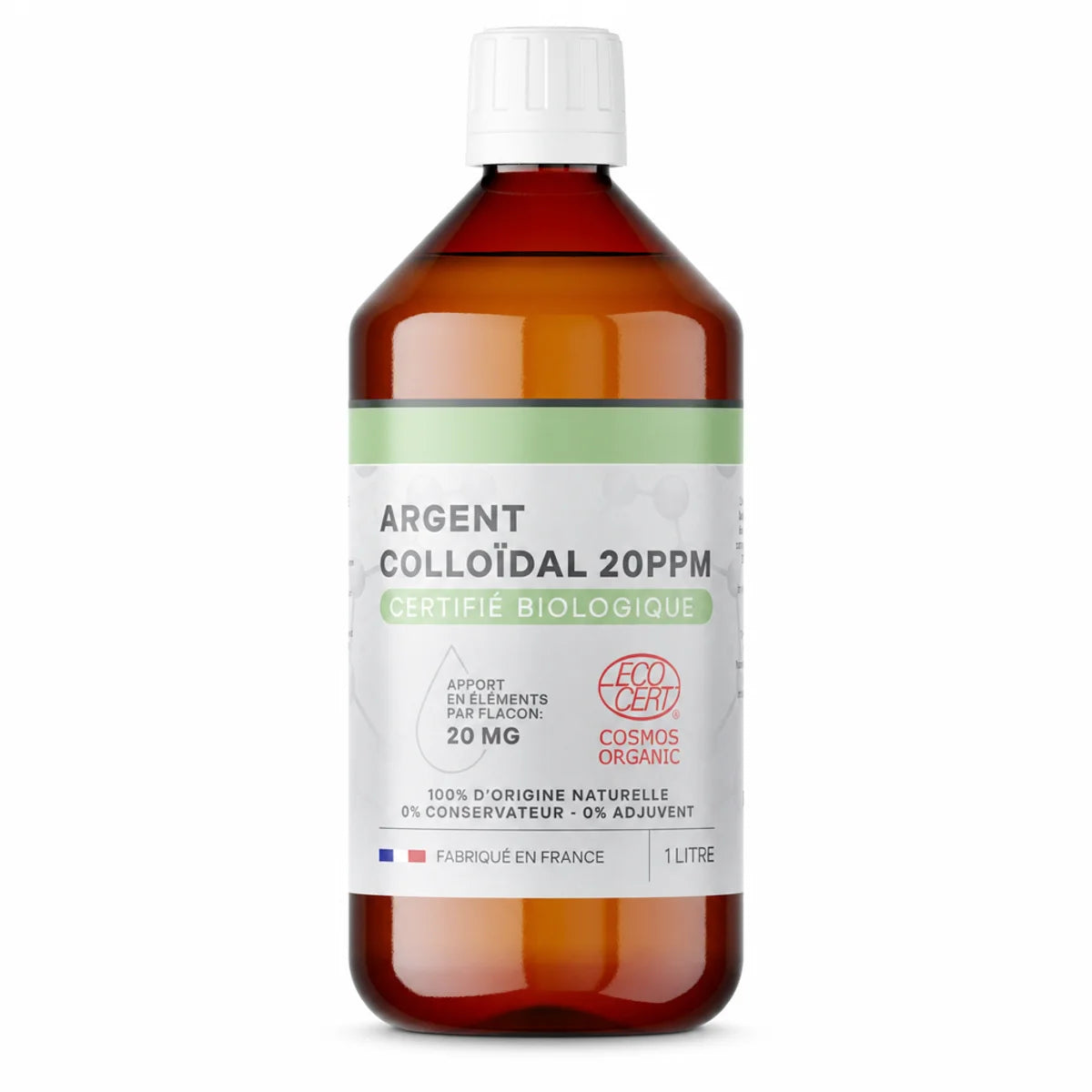 Argent Colloïdal bio 20 ppm Dr Theiss flacon 1L certifié biologique Ecocert