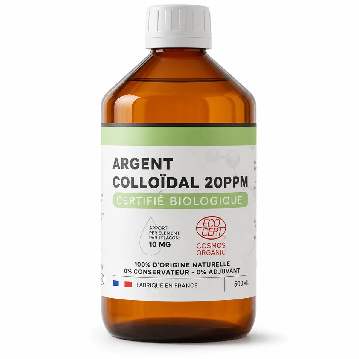 Argent Colloïdal bio Dr Theiss 20 ppm flacon 500ml verre ambré fond blanc