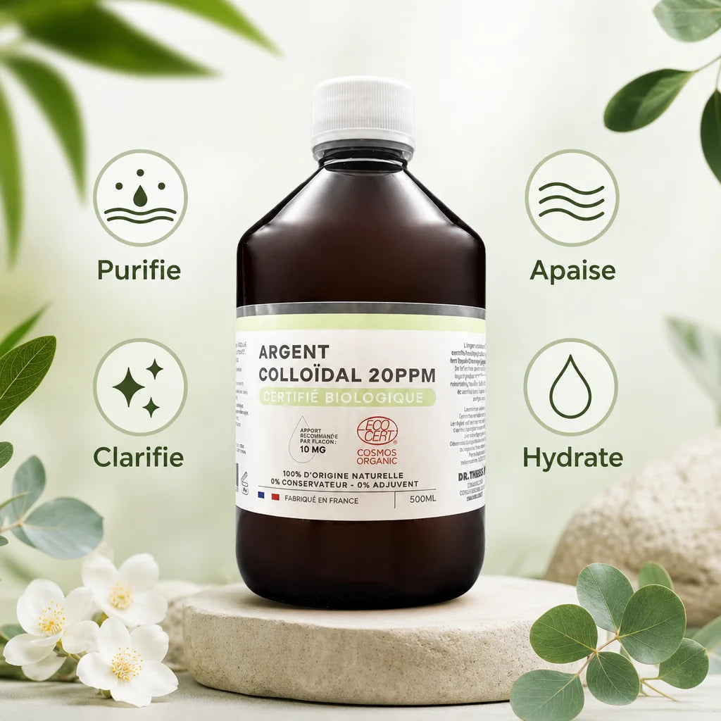Argent Colloïdal bio 20 ppm Dr Theiss 500ml avec bénéfices purifie apaise clarifie hydrate