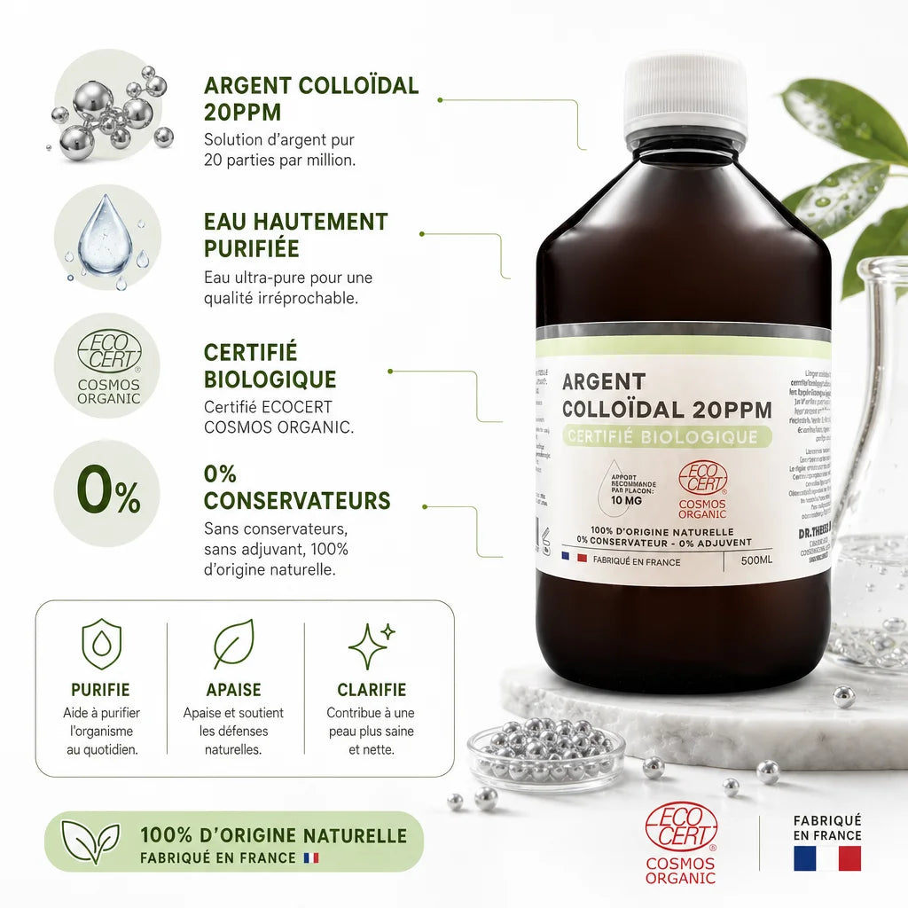 Argent colloïdal bio 20 ppm Dr Theiss 500ml avec ingrédients purs et certifications biologiques