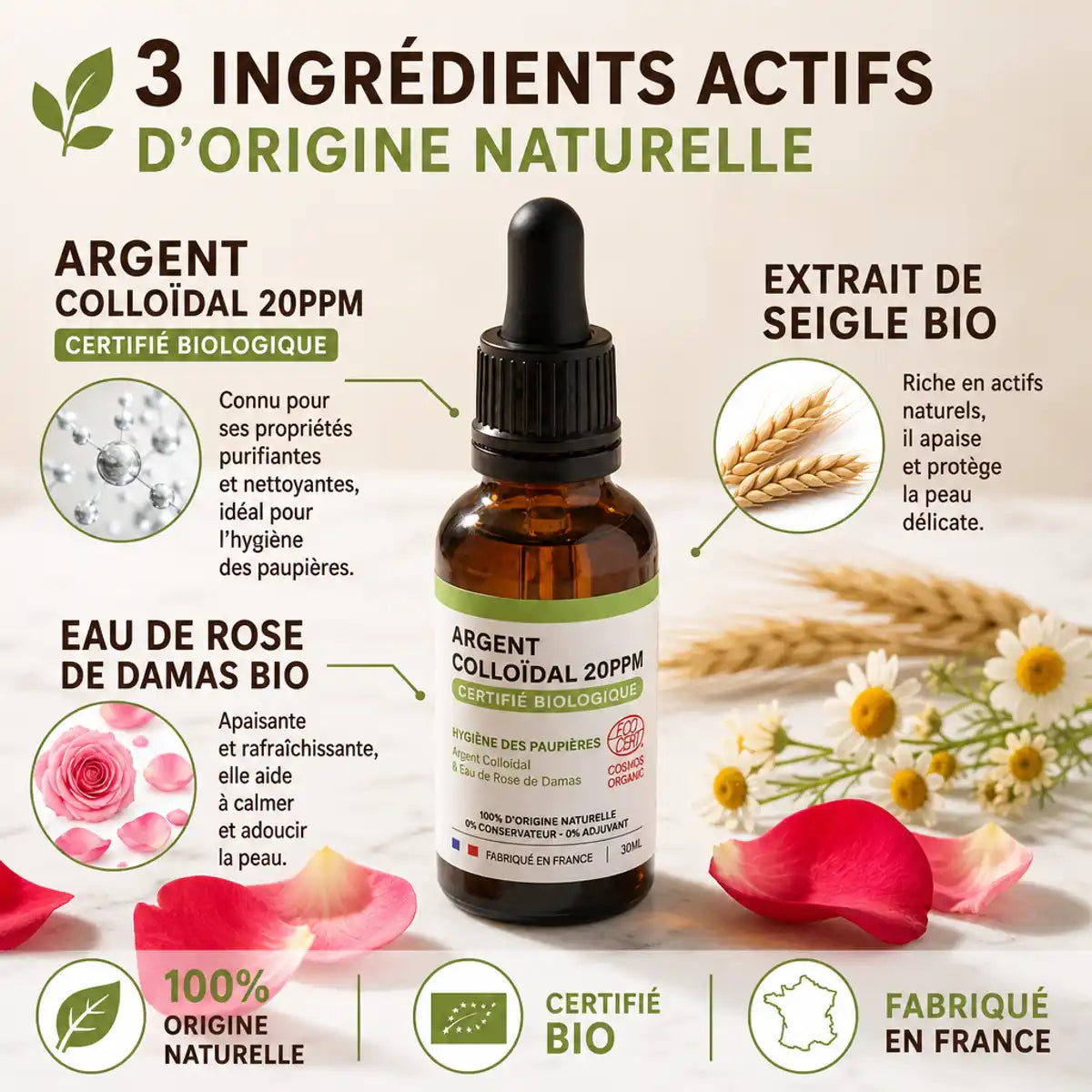 Argent colloïdal Dr Theiss 30ml bio certifié avec ingrédients naturels et rose de Damas