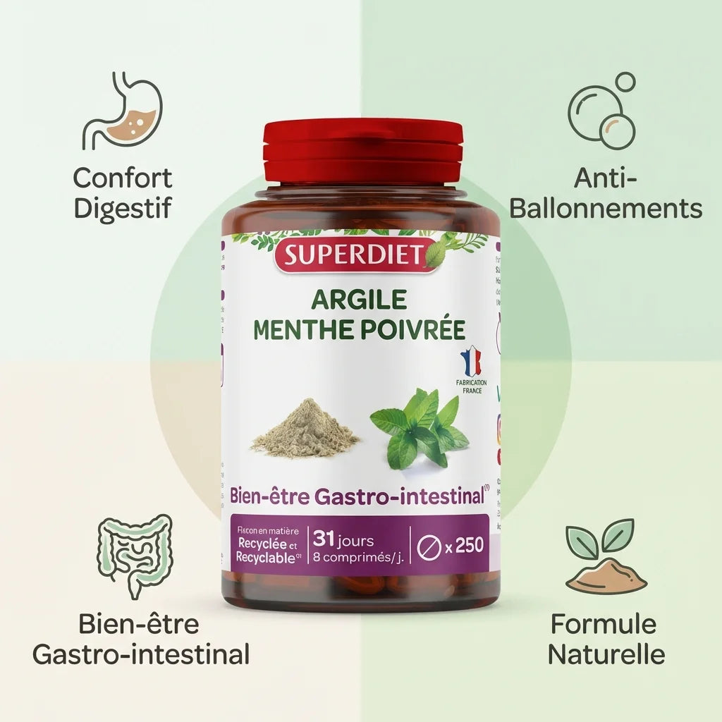 Superdiet Argile Menthe Poivrée 250 comprimés avec icônes de confort digestif et bien-être gastro-intestinal