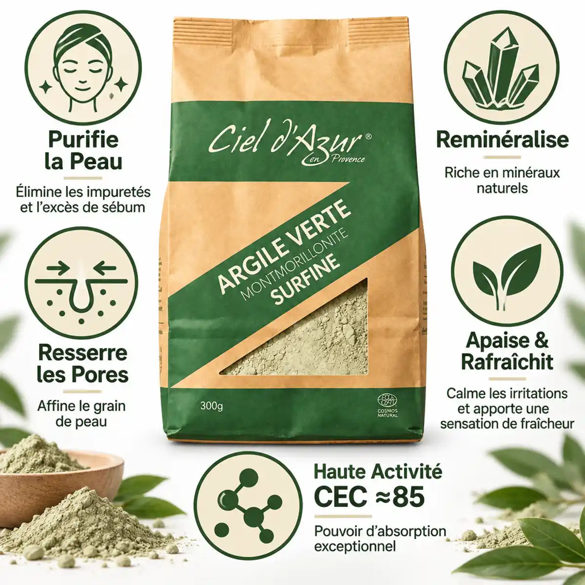 Argile verte surfine 300g Ciel d'azur avec bénéfices : purifie, resserre pores, reminéralise