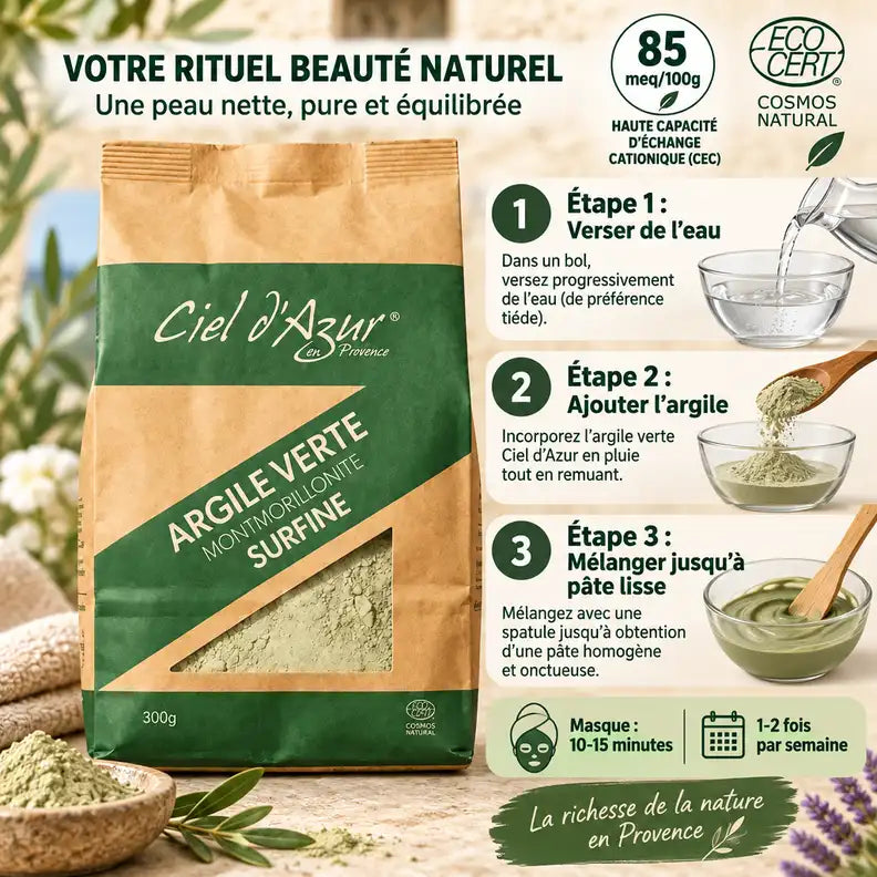 Argile verte surfine 300g Ciel d'azur avec étapes d'utilisation et recommandations masque beauté