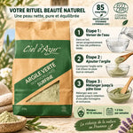Argile verte surfine 300g Ciel d'azur avec étapes d'utilisation et recommandations masque beauté